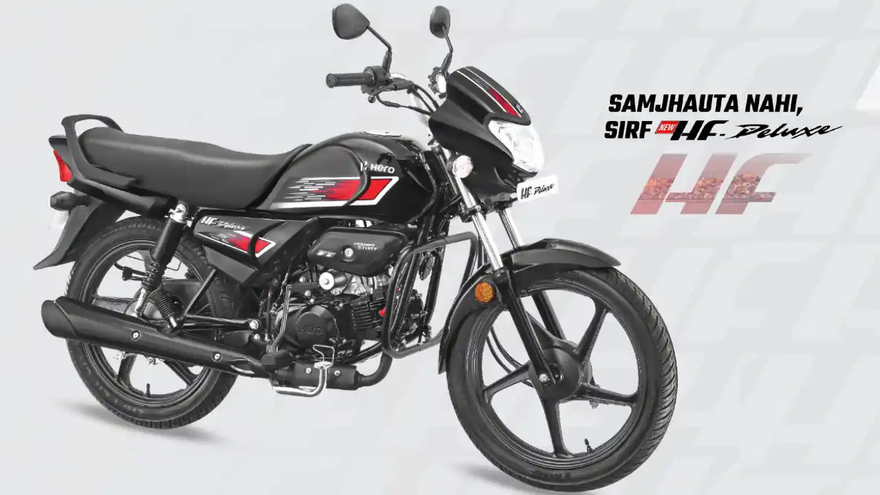 Hero HF Deluxe बाइक का साइड व्यू – ब्लैक और रेड कलर में